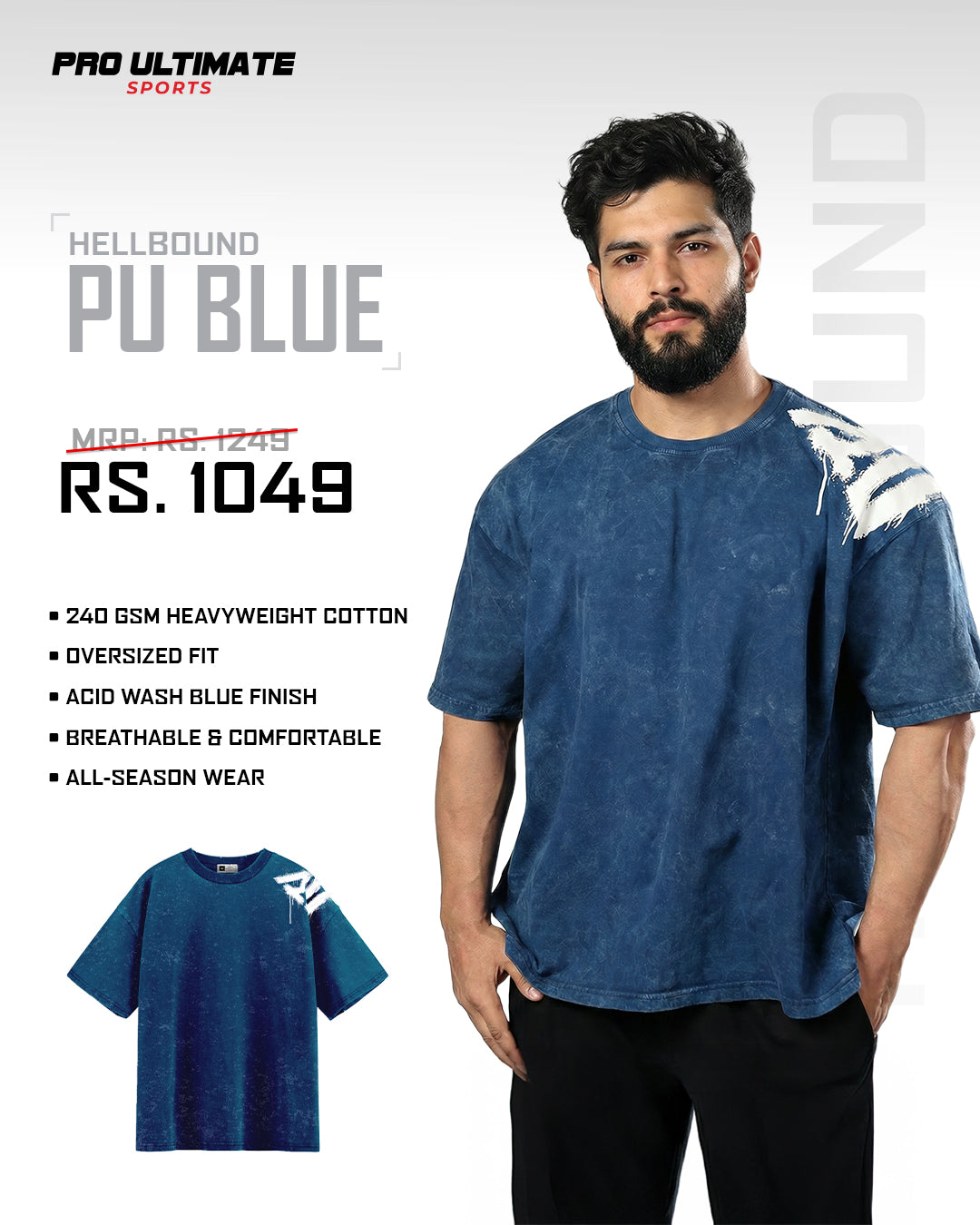Hellbound PU Acid Wash Blue Tshirt - 240 GSM